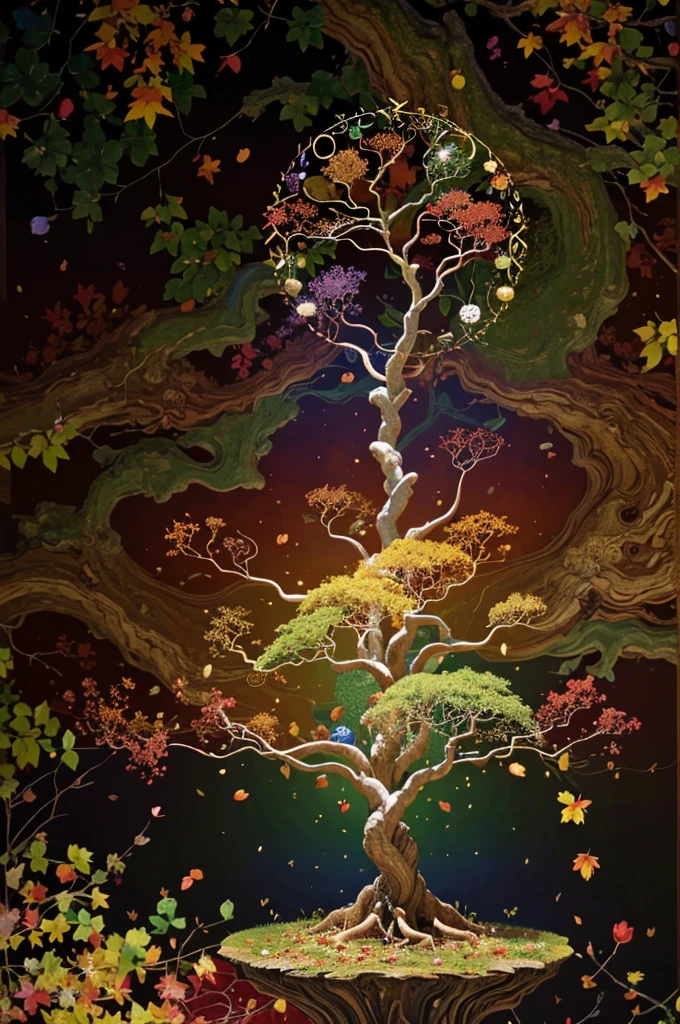 circular tree,four seasons,spring,summer,autumn,winter,leaves,roots,branches,trunk,ornate border,decorative,digital illustration,artwork,movement,time,swirling background,dark background,vibrant colors,natural,life cycle,growth,change,nature,life,peace,harmony,spirituality,symbolism,digital art,illustration,painting,graphic design,art,design,digital media,online art,visual art,fine art,fantasy