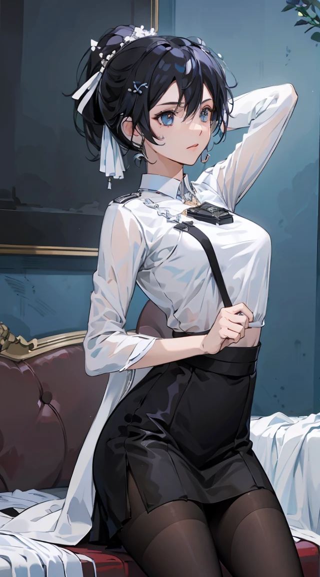 1 girl! Ray Tracing, Best shadow, high resolution (Dim Lights) Detailed background (living room) Fluffy black hair, Busty girl, high ponytail in the ominous living room avoiding golden eyes (girl in white shirt, Black hip skirt, With black transparent pantyhose), Show your slim figure and beautiful curves, Location is correct,Physical Reasonability! Put your hands behind your head, Stand solemnly, Facial details! Exquisite facial features, Pay attention to the details of the leg position! Pay attention to the details of the hands! high quality! More eligible! Reduce Errors! More beautiful paintings, Ultra-fine CG, And the picture is more reasonable! Pay attention to finger details! 8k wallpaper, masterpiece, Eye details! Reduce binocular disparity! Number of fingers!,Female Kirito,Occupation OL