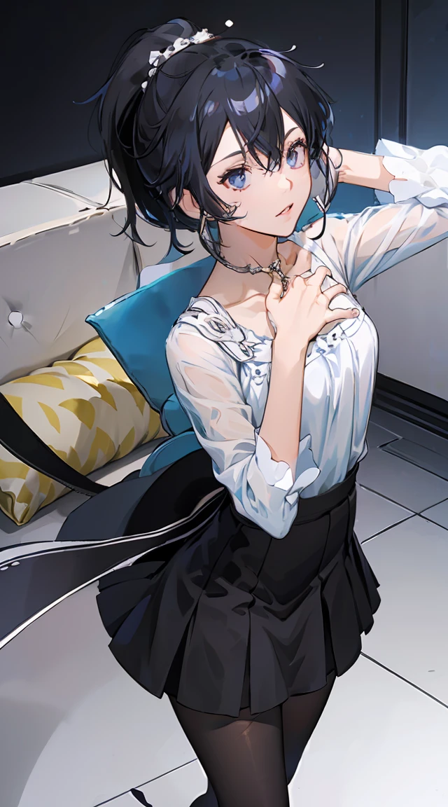 1 girl! Ray Tracing, Best shadow, high resolution (Dim Lights) Detailed background (living room) Fluffy black hair, Busty girl, high ponytail in the ominous living room avoiding golden eyes (girl in white shirt, Black hip skirt, With black transparent pantyhose), Show your slim figure and beautiful curves, Location is correct,Physical Reasonability! Put your hands behind your head, Stand solemnly, Facial details! Exquisite facial features, Pay attention to the details of the leg position! Pay attention to the details of the hands! high quality! More eligible! Reduce Errors! More beautiful paintings, Ultra-fine CG, And the picture is more reasonable! Pay attention to finger details! 8k wallpaper, masterpiece, Eye details! Reduce binocular disparity! Number of fingers!,Female Kirito,Occupation OL