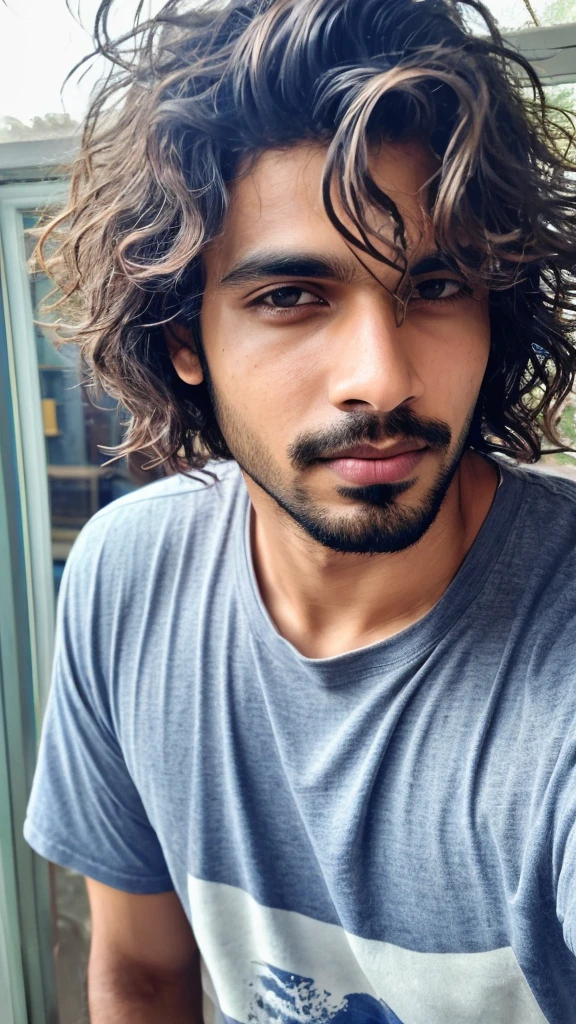 A base model of a handsome indian man , looking at the camera, sad expression, window, t shirt , wavy or messy hair