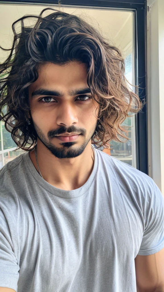 A base model of a handsome indian  man , looking at the camera, sad expression, window, t shirt , wavy or messy hair 