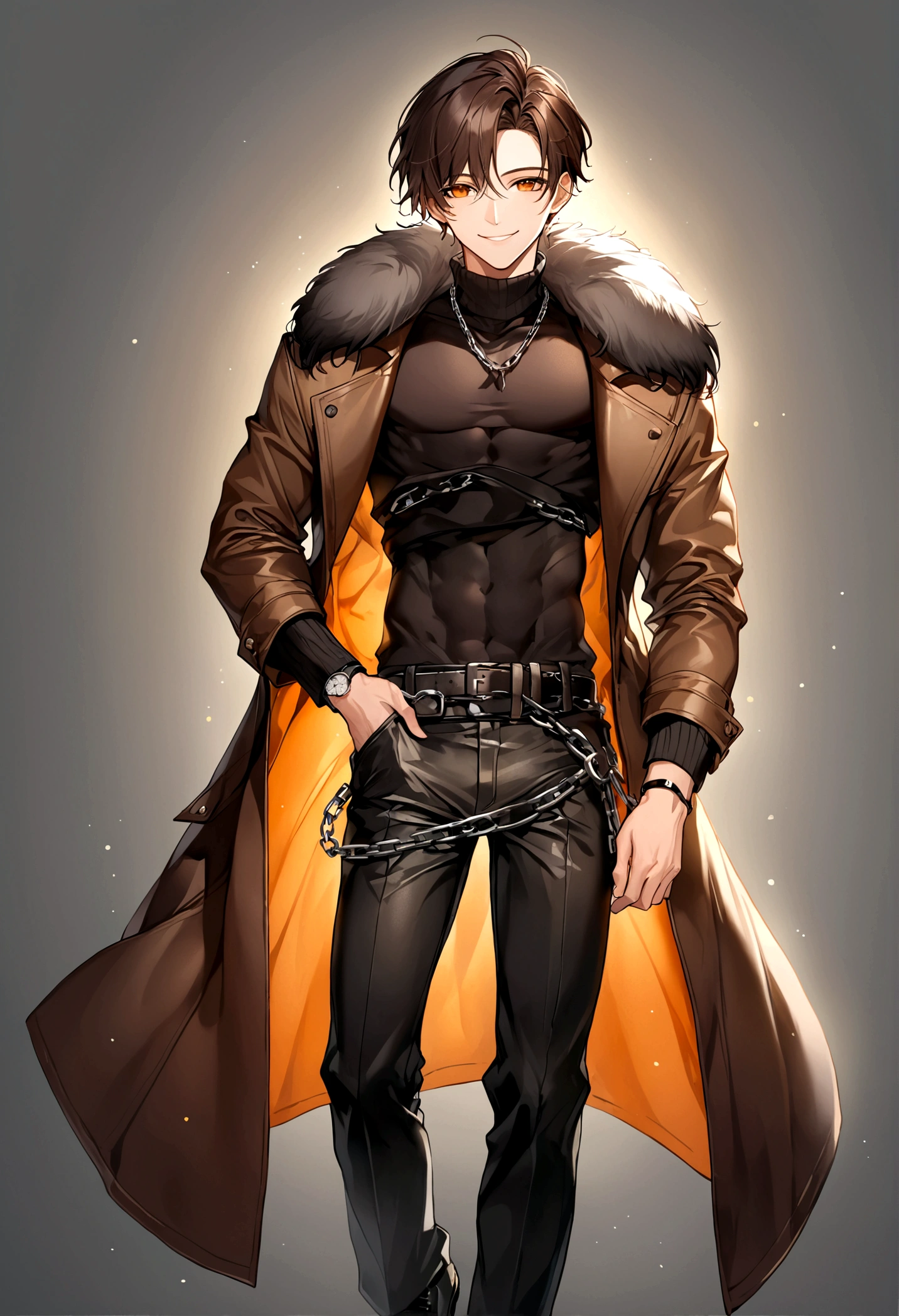 ((masterpiece, best quality)),(illustration),(detailedlight),((anextremelydelicateandbeautiful)),a leather brown jacket with fur collar, black tank top, dark grey pants with chained belts and shoes, smiling, black anime short length hair, handsome

He's a asian male that stands at 6'1"ft, 180lbs.

Has a atheltic build with some of muscle, 6 pack abs, dark brown hair, orange eyes, faded hair cur

