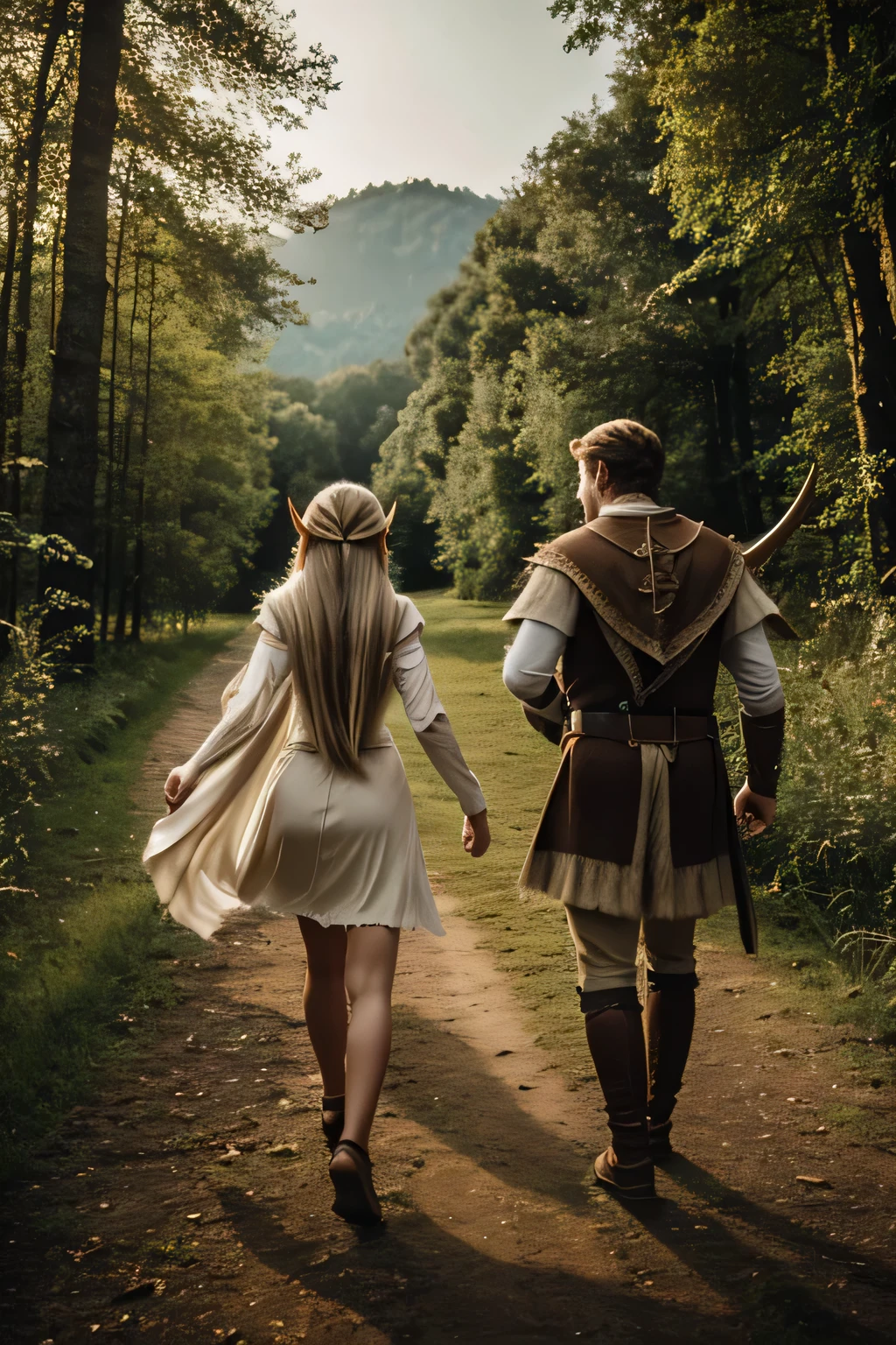 Two elves with spiky ear and wings ( the man have short brown hair, the woman have white long hair ), run away towards a medieval town, they come from a forest.