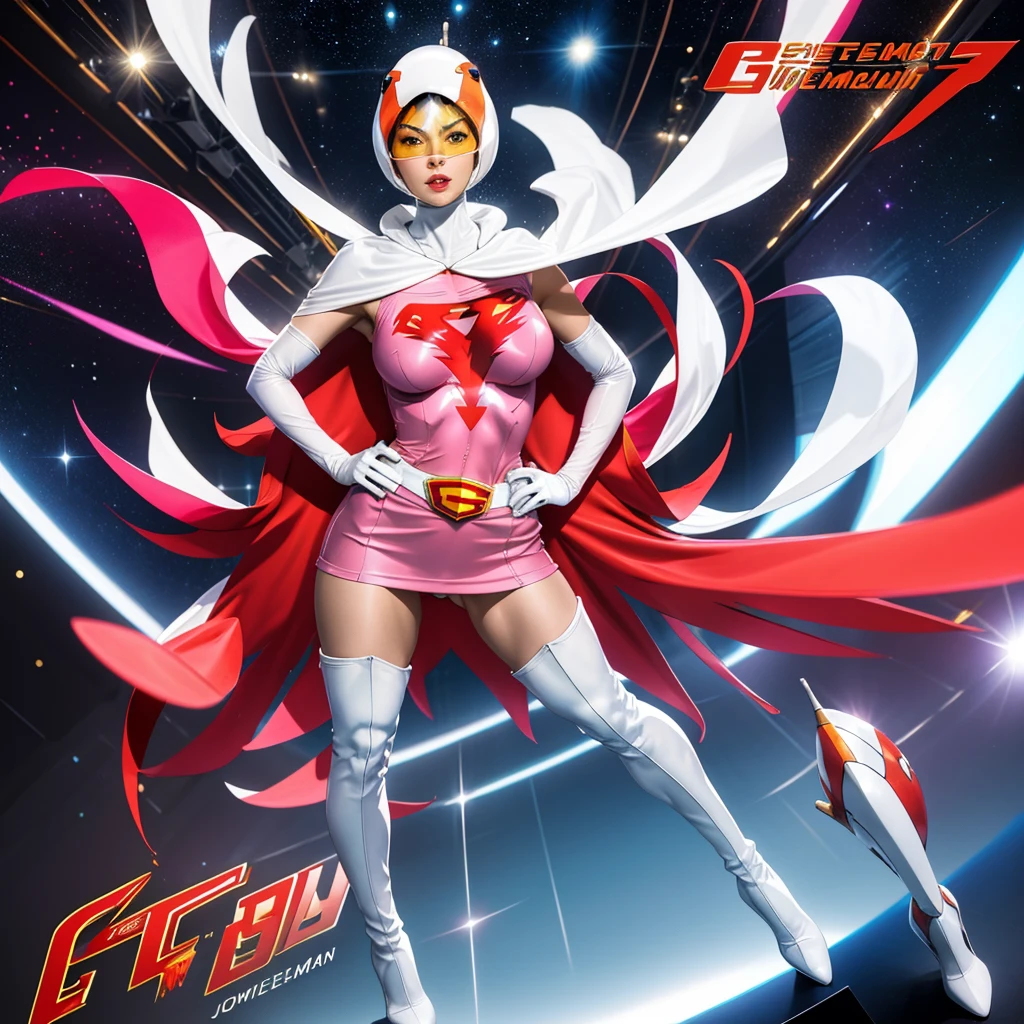 ANI_CLASSIC_jun_gatchaman_ownwaifu,1girl, ,good anatomy, masterpiece, best quality,realistic, hyper realistic, 16k hdr, long hair,breasts,lips,large breasts,lipstick,makeup,gloves,cape,helmet,belt,elbow gloves,white gloves,mask,ultra miniskirt,leotard,spacesuit,white tight overknee highheels boots,pink dress,superhero,bodysuit,cleavage,erected nipples,(stand pose,hands on hip),(spread legs:1.1),cameltoe