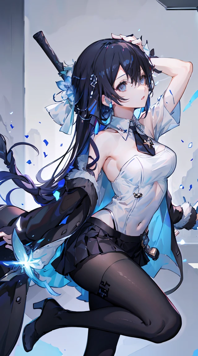 1 girl! Ray Tracing, Best shadow, high resolution (Dim Lights) Detailed background (living room) Fluffy black hair, Busty girl, high ponytail in the ominous living room avoiding golden eyes (girl in white shirt, Black hip skirt, With black transparent pantyhose), Show your slim figure and beautiful curves, Location is correct,Physical Reasonability! Put your hands behind your head, Stand solemnly, Facial details! Exquisite facial features, Pay attention to the details of the leg position! Pay attention to the details of the hands! high quality! More eligible! Reduce Errors! More beautiful paintings, Ultra-fine CG, And the picture is more reasonable! Pay attention to finger details! 8k wallpaper, masterpiece, Eye details! Reduce binocular disparity! Number of fingers!,Female Kirito,Occupation OL