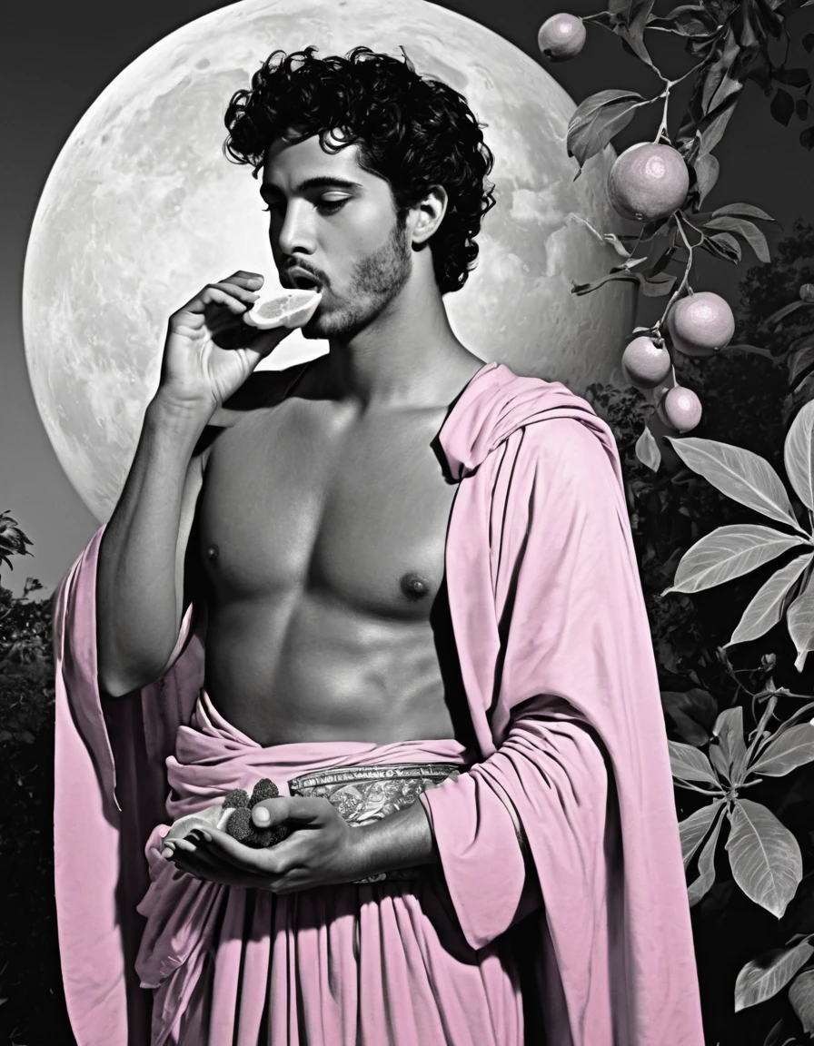 a black and white drawing, There is a faint whiff of Tyrian incense, and the god Apollo(man) stands before you, dressed in a sumptuous pink tunic, stained badly down one sleeve by juice from oranges. Popping another piece of fruit into his mouth, he begins: 'I think you should leave at once. Calypso's a bad thing, really. At least I think she is, or was once, or might be tomorrow. Something terrible could happen if you don't build yourself a raft and escape. I can't help you there, practicality and immortality just don't mix.' Then in a twist of orange peel the god is gone, back to his scrolls and prophesying..{{{{{monochrome}}}}}