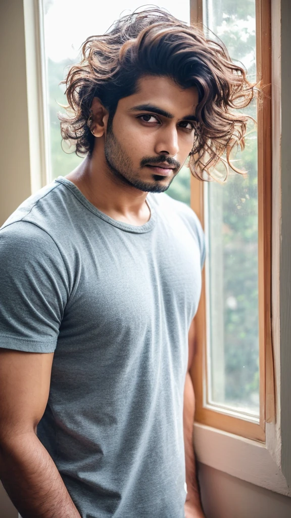 A base model of a handsome indian  man , looking at the camera, sad expression, window, t shirt , wavy or messy hair , short hair