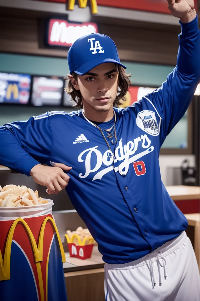 MacTonight (Mascote do McDonalds) usando uma jersey do Los Angeles Dodgers