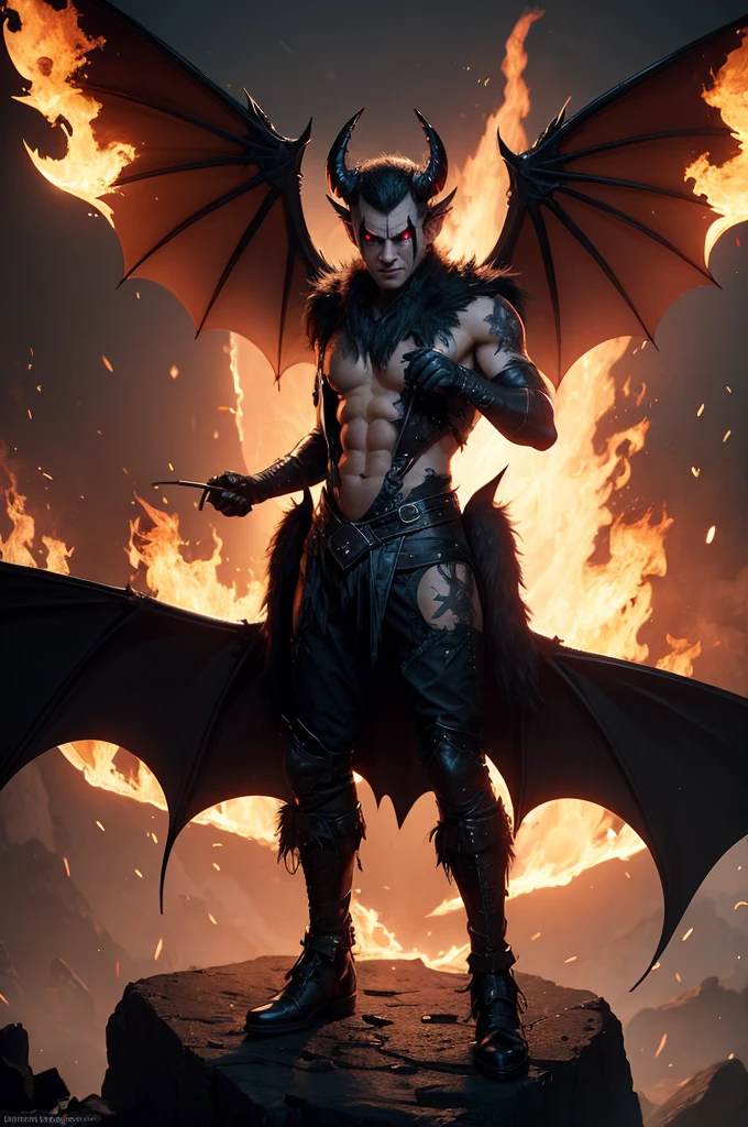 Creature with bat wings and horns on fire