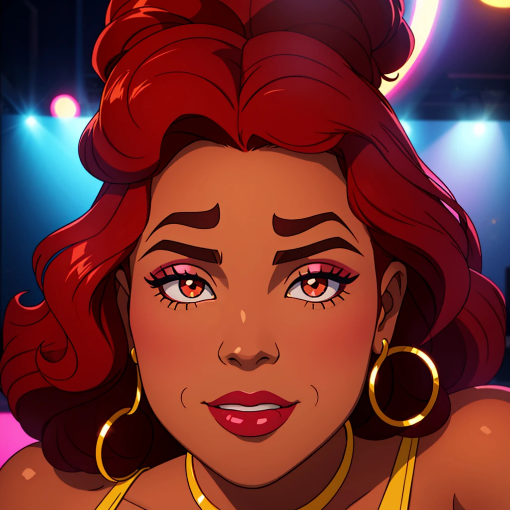Create a close-up face portrait of a fictional 1970s African-American female R&B superstar named Ruby Roux. She has vibrant red curly hair, expressive brown eyes, and a radiant smile. Ruby wears bold makeup typical of the 1970s, including dramatic eyeliner and red lipstick. She is adorned with large hoop earrings and a glittery outfit that reflects the flashy style of the era. The background should feature a blurred colorful stage with vintage lights, adding to the retro and glamorous atmosphere. cinematic action, cinematic lighting, backlighting, masterpiece, anatomically correct, textured skin, super detail, 8k atmospheric perspective, depth of field,