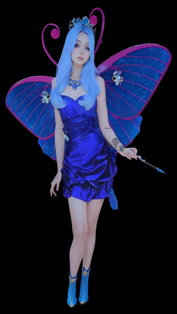 A beautiful full body slim fairy, blue butterfly wings, hair blue, blue dress, blue boot.