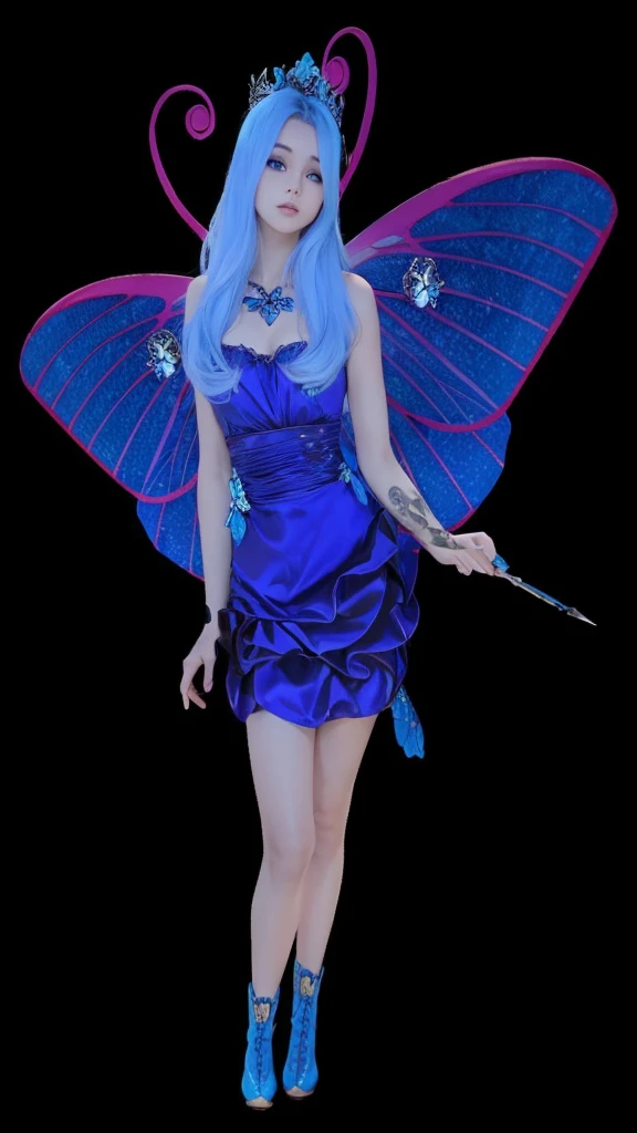 A beautiful full body slim fairy, blue butterfly wings, hair blue, blue dress, blue boot.