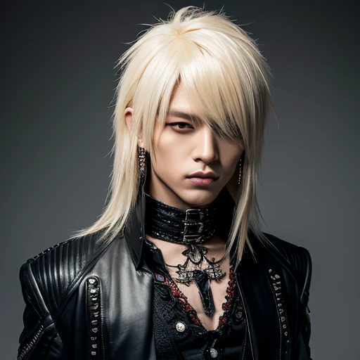 1 japanese male rocker, asien eyes, Visual Kai hairstyle, ultra detailed face and body, hyperrealistic, realistic representation, muscular, broad shoulders, tattoos gothic style, piercings, Visual Kei style, hairstyle Visual Kei, blond, 40 years old, age 40 outfit gothic streampunk, men's shirt and black pants, Asian eyes, eyes Asian, long hair, long hair
