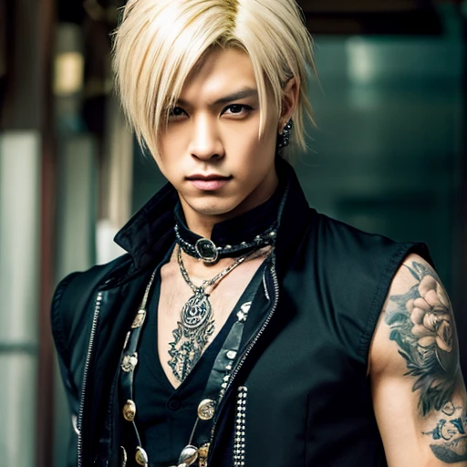 1 japanese male rocker, asien eyes, Visual Kai hairstyle, ultra detailed face and body, hyperrealistic, realistic representation, muscular, broad shoulders, tattoos gothic style, piercings, Visual Kei style, hairstyle Visual Kei, blond, 40 years old, age 40 outfit gothic streampunk, men's shirt and black pants, Asian eyes, eyes Asian, long hair, long hair