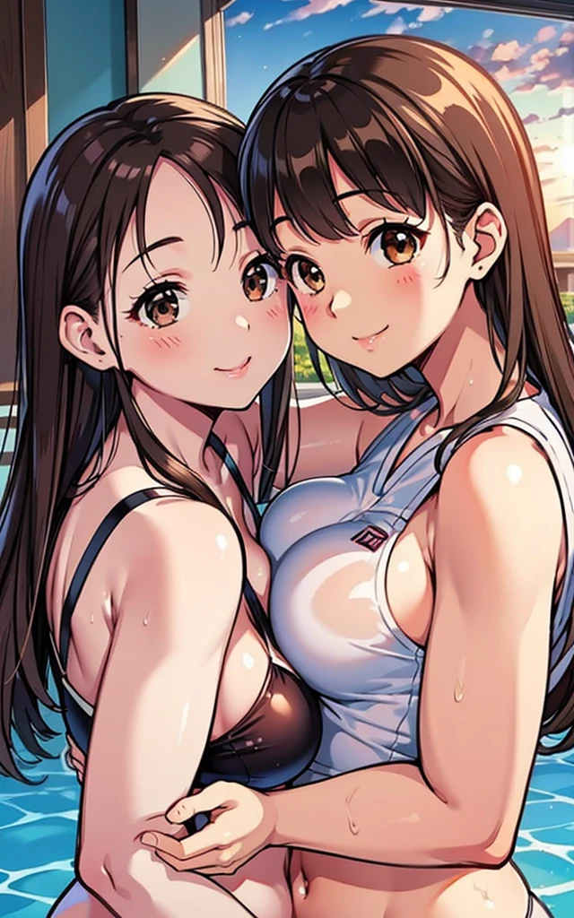 photorealistic, close up, From below, top quality, masterpiece, 16 K, High resolution, close up, 2 girls in, blush, beautiful hair of light brown color, beautiful brown eyes, swim wears, plump breasts, Japanese idol, Smile, Sunset Classroom, They are hugging each other,