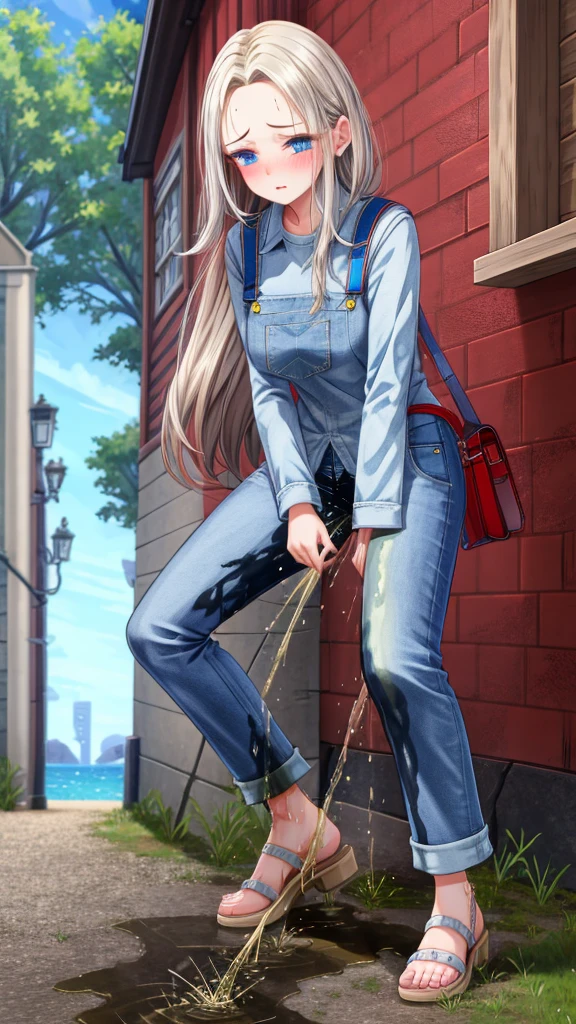 ((best quality, masterpiece, 8K)), (detailed), highly detailed face and skin texture, detailed eyes, downtown, full body, slender body, 1girl, 25 years old, white skin, blue eyes, worried, embarrassed, long hair, (forehead), stylish top, denim pants, blue jeans, footwear, peeing jeans, peeing pants, pee stain, (wetting herself), desperation,