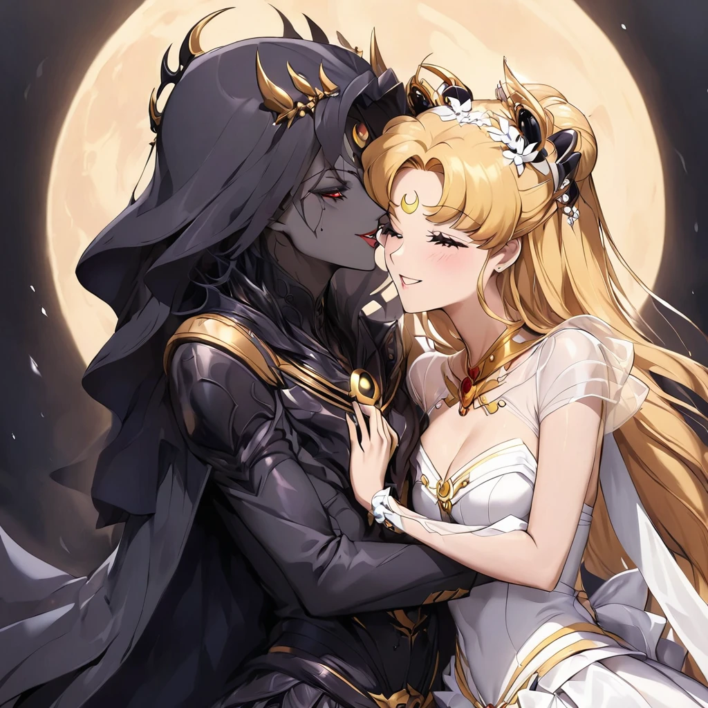 ((Highest quality)), ((masterpiece)), (detailed), (Perfect Face)、Black moon mark on forehead、The woman is Black Serenity, the noble dark queen of the Black Moon clan and has blonde hair.2The woman with long hair tied up is Princess Serenity、She is holding a wedding ceremony with the strong and evil demon king as his bride, embracing each other and kissing her vows.、The woman has a black inverted crescent moon mark on her forehead, a gorgeous and glittering black gothic Victorian dress, a black veil and a black see-through cape, and is wearing luxurious jeweled accessories. She is the Queen of Darkness, the jet-black Princess Serenity, looking at the camera with a happy expression, and has the expression of a maiden in love.、A woman and a strong, evil demon king man are embracing the dark bride woman, kissing her vows and getting married.、The man is a strong and evil demon king, and he embraces the woman, kisses her and gets married.、Men and women in love