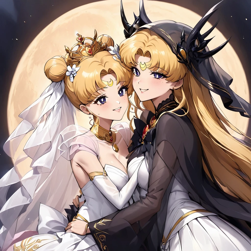 ((Highest quality)), ((masterpiece)), (detailed), （Perfect Face）、Black moon mark on forehead、The woman is Black Serenity, the noble dark queen of the Black Moon clan and has blonde hair.２The woman with long hair tied up is Princess Serenity、She is holding a wedding ceremony with the strong and evil demon king as his bride, embracing each other and kissing her vows.、The woman has a black inverted crescent moon mark on her forehead, a gorgeous and glittering black gothic Victorian dress, a black veil and a black see-through cape, and is wearing luxurious jeweled accessories. She is the Queen of Darkness, the jet-black Princess Serenity, looking at the camera with a happy expression, and has the expression of a maiden in love.、A woman and a strong, evil demon king man are embracing the dark bride woman, kissing her vows and getting married.、The man is a strong and evil demon king, and he embraces the woman, kisses her and gets married.、Men and women in love