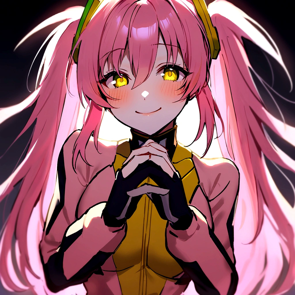 make me a female, 23 years old, pink long hair, pigtails, one green and one yellow eye, she's smiling happily, cyber clothes, pink and yellow outfit, two guns in her hands