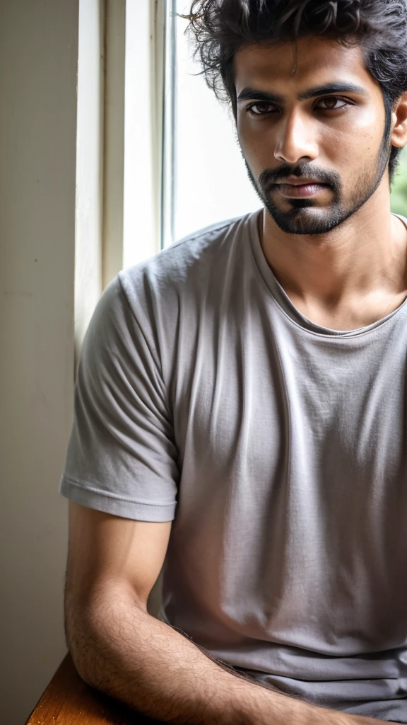 A base model of a handsome indian  man , looking at the camera, sad expression, window, t shirt , messy hair , 