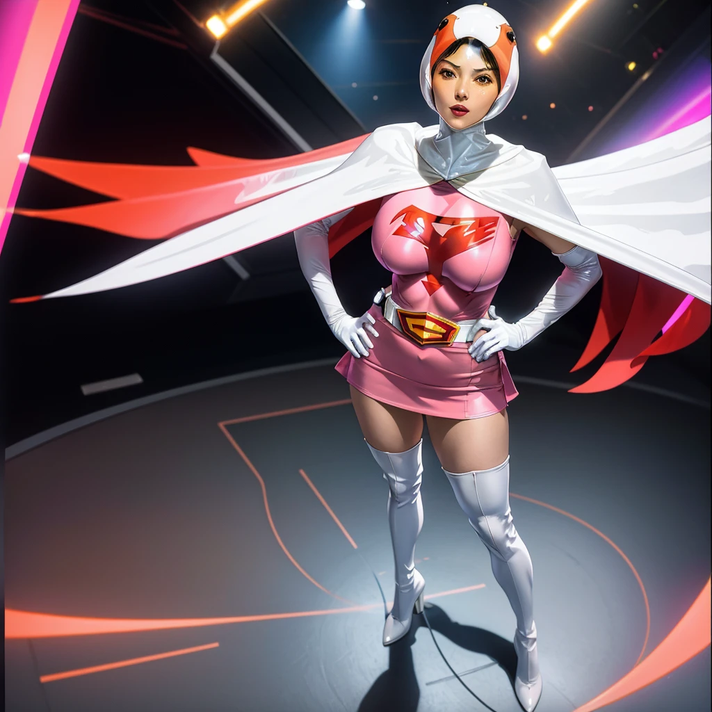 ANI_CLASSIC_jun_gatchaman_ownwaifu,1girl, yo,good anatomy, masterpiece, best quality,realistic, hyper realistic, 16k hdr, long hair,breasts,lips,large breasts,lipstick,makeup,gloves,cape,helmet,belt,elbow gloves,white gloves,mask,ultra miniskirt,leotard,spacesuit,white tight overknee highheels boots,pink dress,superhero,bodysuit,cleavage,erected nipples,(stand pose,hands on hip),(spread legs:1.1),cameltoe