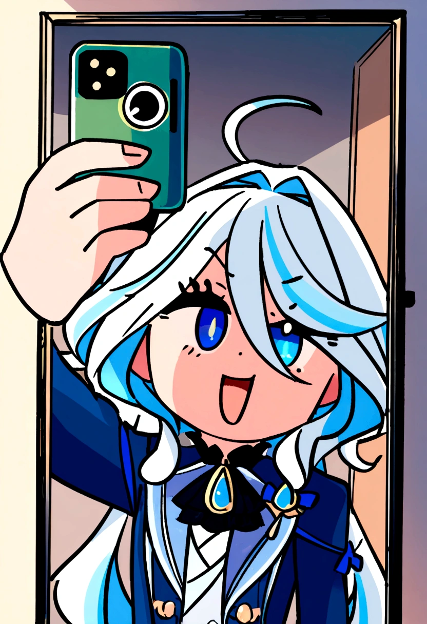 firefly and furina, taking a selfie in a mirror with his cell phone, animated style. 8k