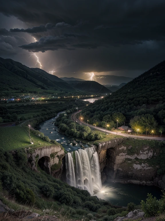 Tall and big waterfall, mountainous area, wraparound background, tempest, thunder, lightning,waterfall of lights, landscape shot, hdr, CRU photo