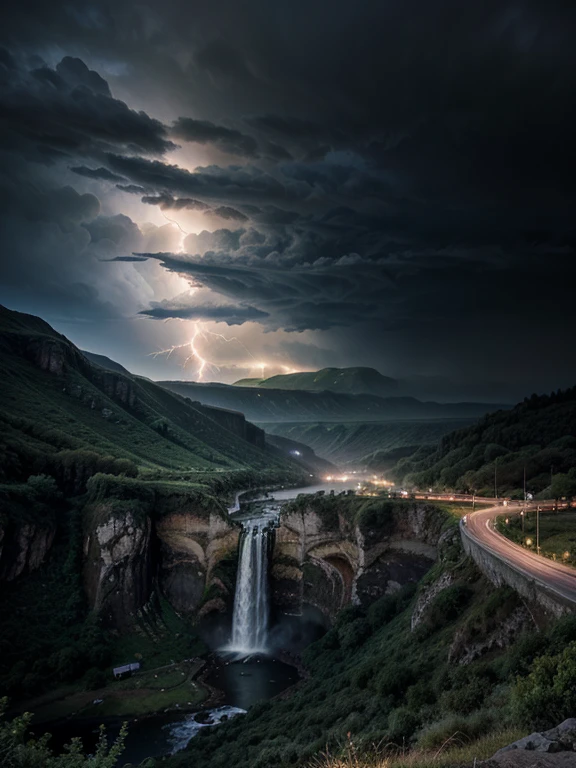 Tall and big waterfall, mountainous area, wraparound background, tempest, thunder, lightning,waterfall of lights, landscape shot, hdr, CRU photo