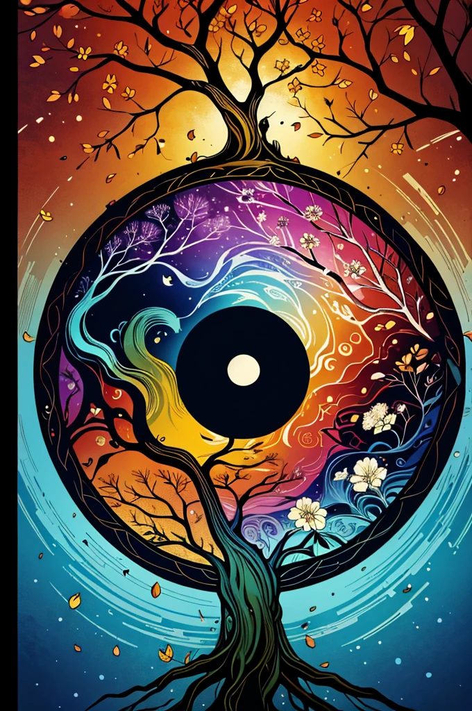 circular tree,four seasons,spring,summer,autumn,winter,leaves,roots,branches,trunk,ornate border,decorative,digital illustration,artwork,movement,time,swirling background,dark background,vibrant colors,natural,life cycle,growth,change,nature,life,peace,harmony,spirituality,symbolism,digital art,illustration,painting,graphic design,art,design,digital media,online art,visual art,fine art,fantasy