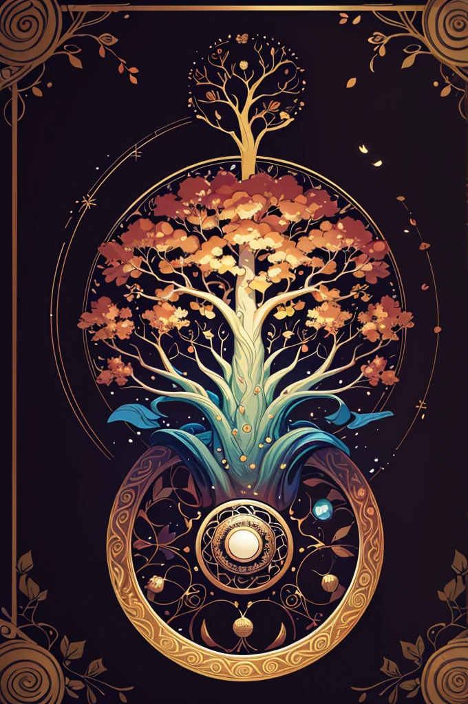 circular tree,four seasons,spring,summer,autumn,winter,leaves,roots,branches,trunk,ornate border,decorative,digital illustration,artwork,movement,time,swirling background,dark background,vibrant colors,natural,life cycle,growth,change,nature,life,peace,harmony,spirituality,symbolism,digital art,illustration,painting,graphic design,art,design,digital media,online art,visual art,fine art,fantasy