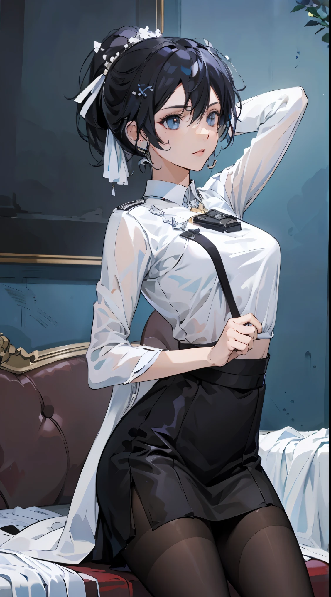 1 girl! Ray Tracing, Best shadow, high resolution (Dim Lights) Detailed background (living room) Fluffy black hair, Busty girl, high ponytail in the ominous living room avoiding golden eyes (girl in white shirt, Black hip skirt, With black transparent pantyhose), Show your slim figure and beautiful curves, Location is correct,Physical Reasonability! Put your hands behind your head, Stand solemnly, Facial details! Exquisite facial features, Pay attention to the details of the leg position! Pay attention to the details of the hands! high quality! More eligible! Reduce Errors! More beautiful paintings, Ultra-fine CG, And the picture is more reasonable! Pay attention to finger details! 8k wallpaper, masterpiece, Eye details! Reduce binocular disparity! Number of fingers!,Female Kirito,Occupation OL
