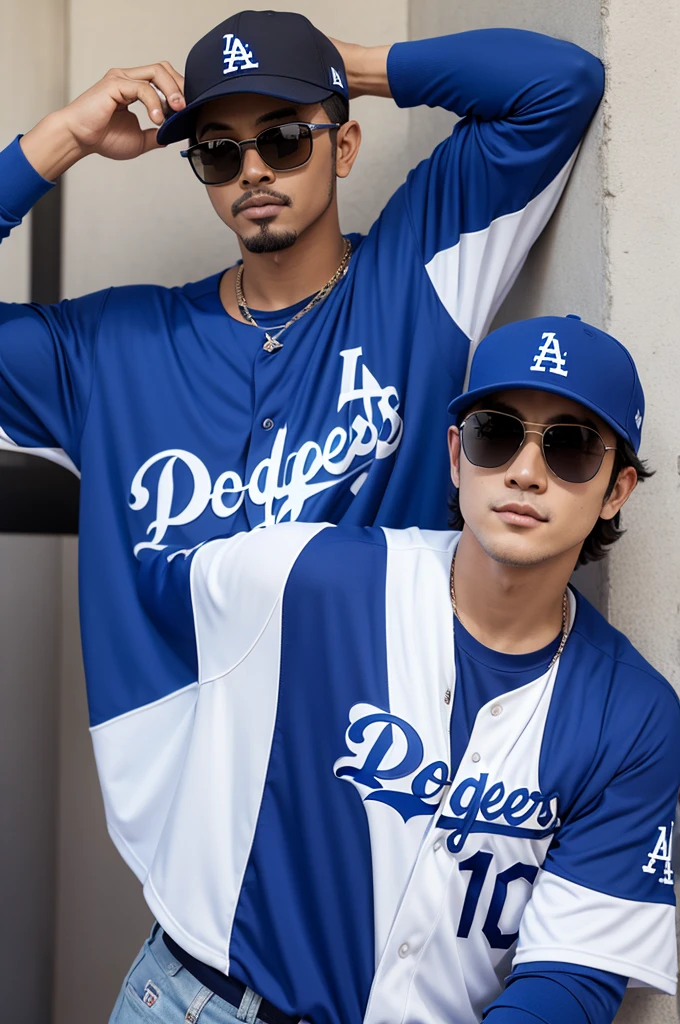 Moon-Headed Man wearing a Los Angeles Dodgers jersey and wearing sunglasses
