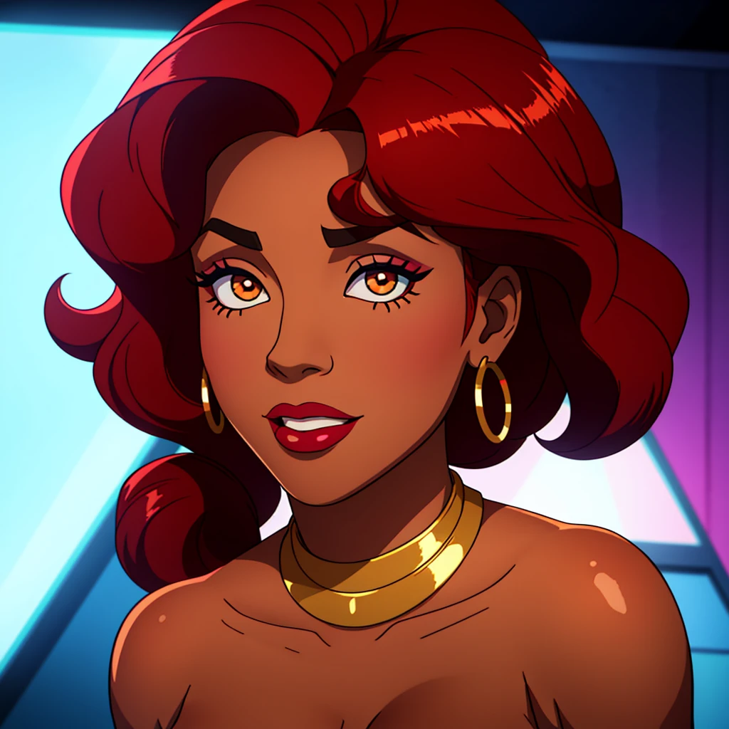 Create a close-up face portrait of a fictional 1970s African-American female R&B superstar named Ruby Roux. She has vibrant red curly hair, expressive brown eyes, and a radiant smile. Ruby wears bold makeup typical of the 1970s, including dramatic eyeliner and red lipstick. She is adorned with large hoop earrings and a glittery outfit that reflects the flashy style of the era. The background should feature a blurred colorful stage with vintage lights, adding to the retro and glamorous atmosphere. cinematic action, cinematic lighting, backlighting, masterpiece, anatomically correct, textured skin, super detail, 8k atmospheric perspective, depth of field,