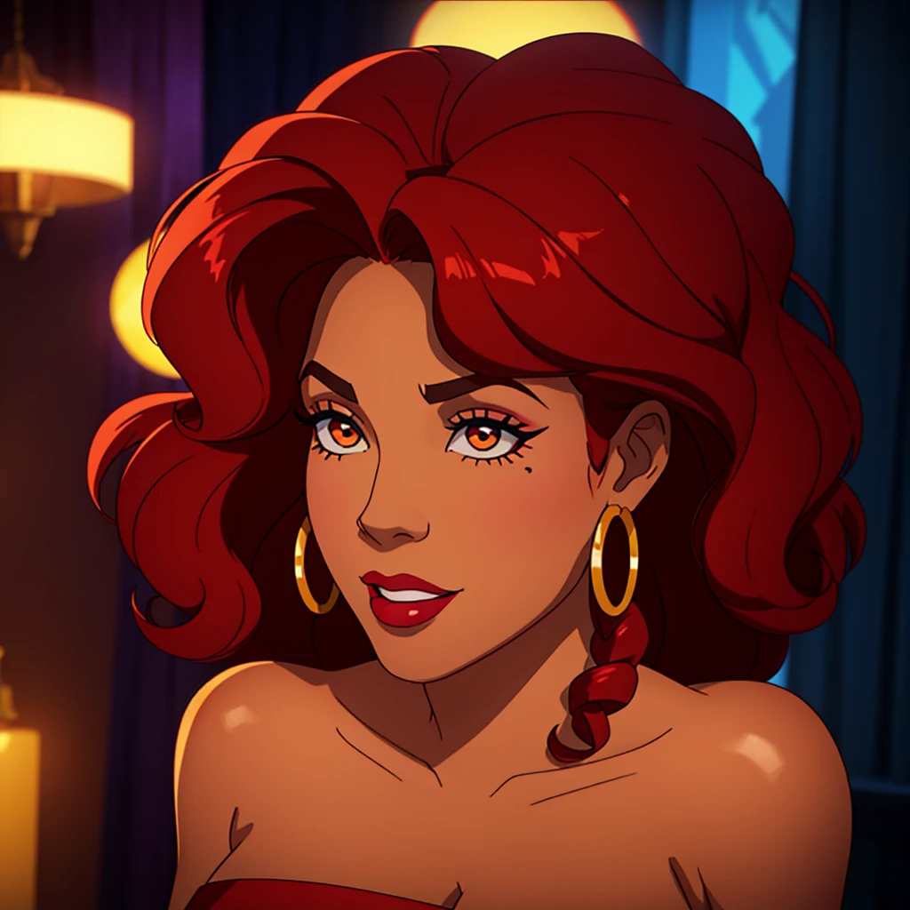 Create a close-up face portrait of a fictional 1970s African-American female R&B superstar named Ruby Roux. She has vibrant red curly hair, expressive brown eyes, and a radiant smile. Ruby wears bold makeup typical of the 1970s, including dramatic eyeliner and red lipstick. She is adorned with large hoop earrings and a glittery outfit that reflects the flashy style of the era. The background should feature a blurred colorful stage with vintage lights, adding to the retro and glamorous atmosphere. cinematic action, cinematic lighting, backlighting, masterpiece, anatomically correct, textured skin, super detail, 8k atmospheric perspective, depth of field,