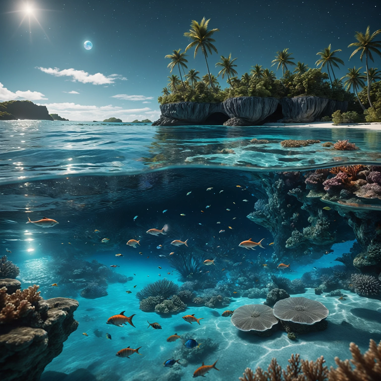 On a dark night lit by the moon, observe a turquoise blue lagoon stretching to the horizon. To the left, a beach lined with palm trees nestles under a crystal-clear turquoise blue lagoon, where ((detailled huge luminescent barrier reef, luminescent fishes and jellyfishes are revealed in detail, animated by waves)). In the sky, a (swirling galaxy evolves into a giant blue eye), more detailed and majestic, set against a starry sky adorned with nebulae and cosmic dust. The bright reflections of this blue eye and the starry sky intensely mirror on the water’s surface. ((in water, a blonde mermaid with long, flowing hair, dressed in a finely detailed transparent gown that seems woven from celestial fabric with The shoulder pads have lace-like patterns with organic shapes, resembling plant tendrils)), stands upright, absorbed by the wonders of the universe. (The water near her is crystal clear, revealing multicolored bioluminescent algae and richly detailed marine life). In the midst of this scene, a (joyful dolphin leaps out of the water). This work must (capture the essence of lunar luminism and fantastical realism against a complex and meticulously detailed background), rendered in ultra-realistic 8k resolution for hyper-realistic finesse evoking enchanted photography effects. Summon modern fantasy elements popular on Artstation Unreal Engine 5 with vibrant ink-spotted colors, a maximalist style, matte painting techniques offering an expansive depth of field, all while preserving simple and pure reflections in the darkness.