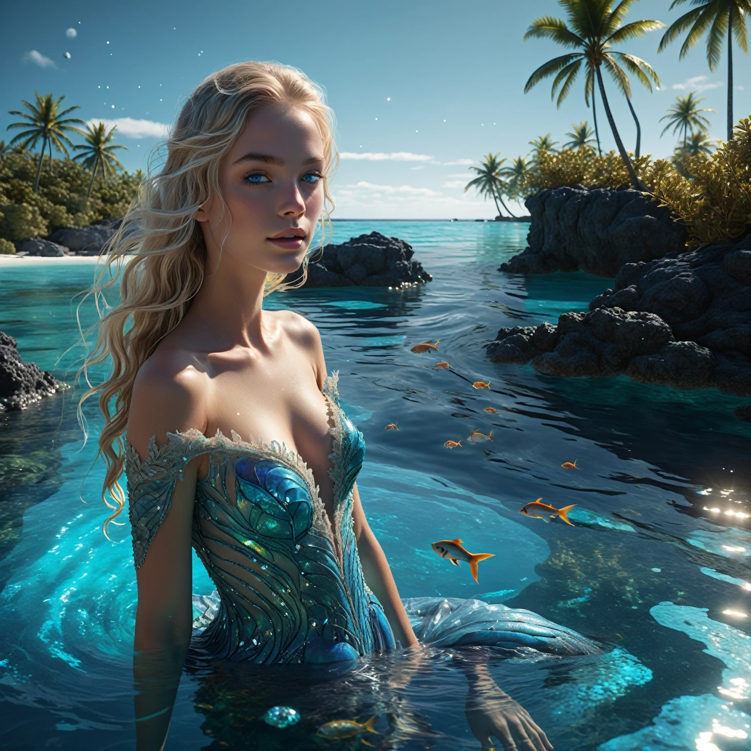 On a dark night lit by the moon, observe a turquoise blue lagoon stretching to the horizon. To the left, a beach lined with palm trees nestles under a crystal-clear turquoise blue lagoon, where ((detailled huge luminescent barrier reef, luminescent fishes and jellyfishes are revealed in detail, animated by waves)). In the sky, a (swirling galaxy evolves into a giant blue eye), more detailed and majestic, set against a starry sky adorned with nebulae and cosmic dust. The bright reflections of this blue eye and the starry sky intensely mirror on the water’s surface. ((in water, a blonde mermaid with long, flowing hair, dressed in a finely detailed transparent gown that seems woven from celestial fabric with The shoulder pads have lace-like patterns with organic shapes, resembling plant tendrils)), stands upright, absorbed by the wonders of the universe. (The water near her is crystal clear, revealing multicolored bioluminescent algae and richly detailed marine life). In the midst of this scene, a (joyful dolphin leaps out of the water). This work must (capture the essence of lunar luminism and fantastical realism against a complex and meticulously detailed background), rendered in ultra-realistic 8k resolution for hyper-realistic finesse evoking enchanted photography effects. Summon modern fantasy elements popular on Artstation Unreal Engine 5 with vibrant ink-spotted colors, a maximalist style, matte painting techniques offering an expansive depth of field, all while preserving simple and pure reflections in the darkness.