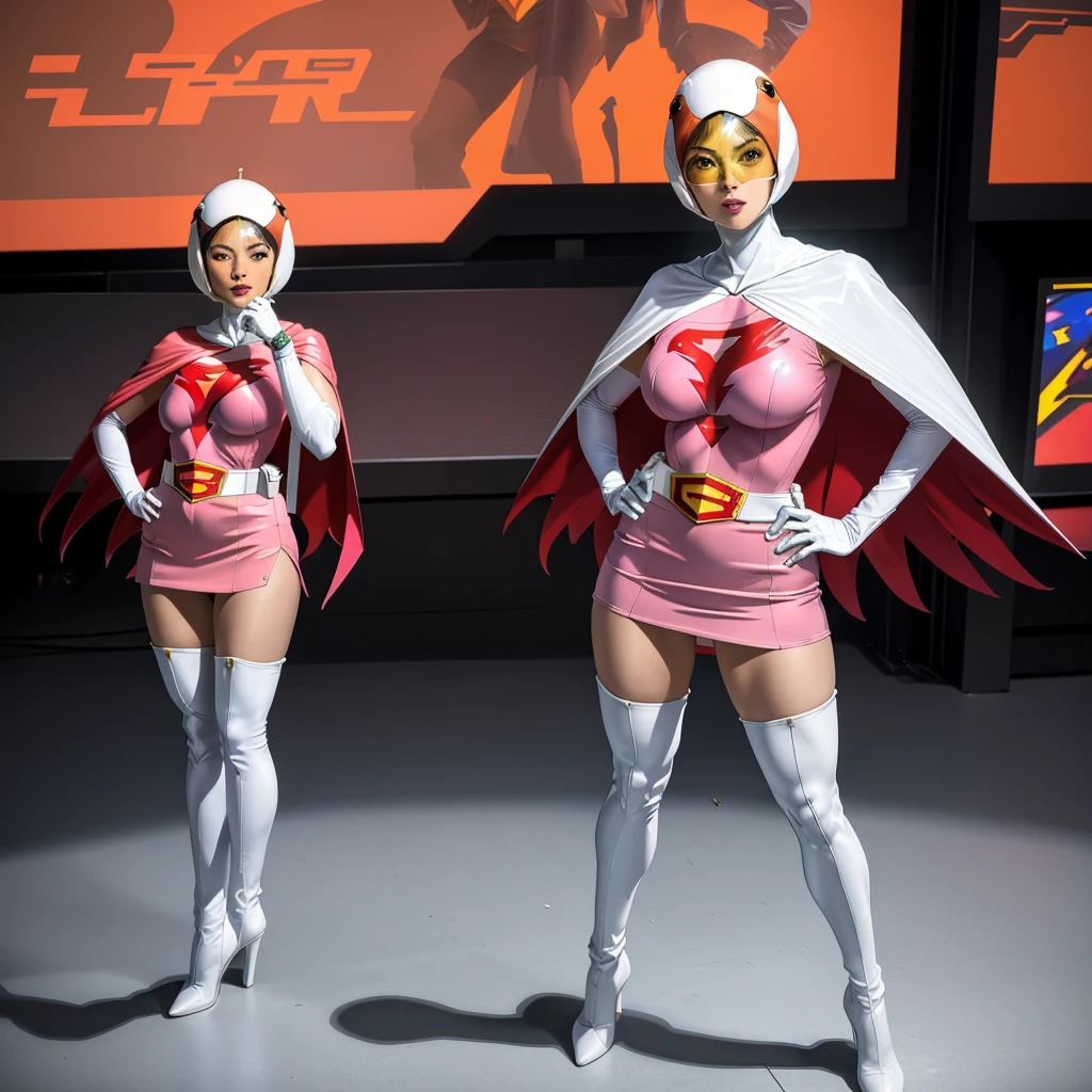 ANI_CLASSIC_jun_gatchaman_ownwaifu,1girl, 15yo,good anatomy, masterpiece, best quality,realistic, hyper realistic, 16k hdr, long hair,breasts,lips,large breasts,lipstick,makeup,gloves,cape,helmet,belt,elbow gloves,white gloves,mask,ultra miniskirt,leotard,spacesuit,white tight overknee highheels boots,pink dress,superhero,bodysuit,cleavage,erected nipples,(stand pose,hands on hip),(spread legs:1.1),cameltoe