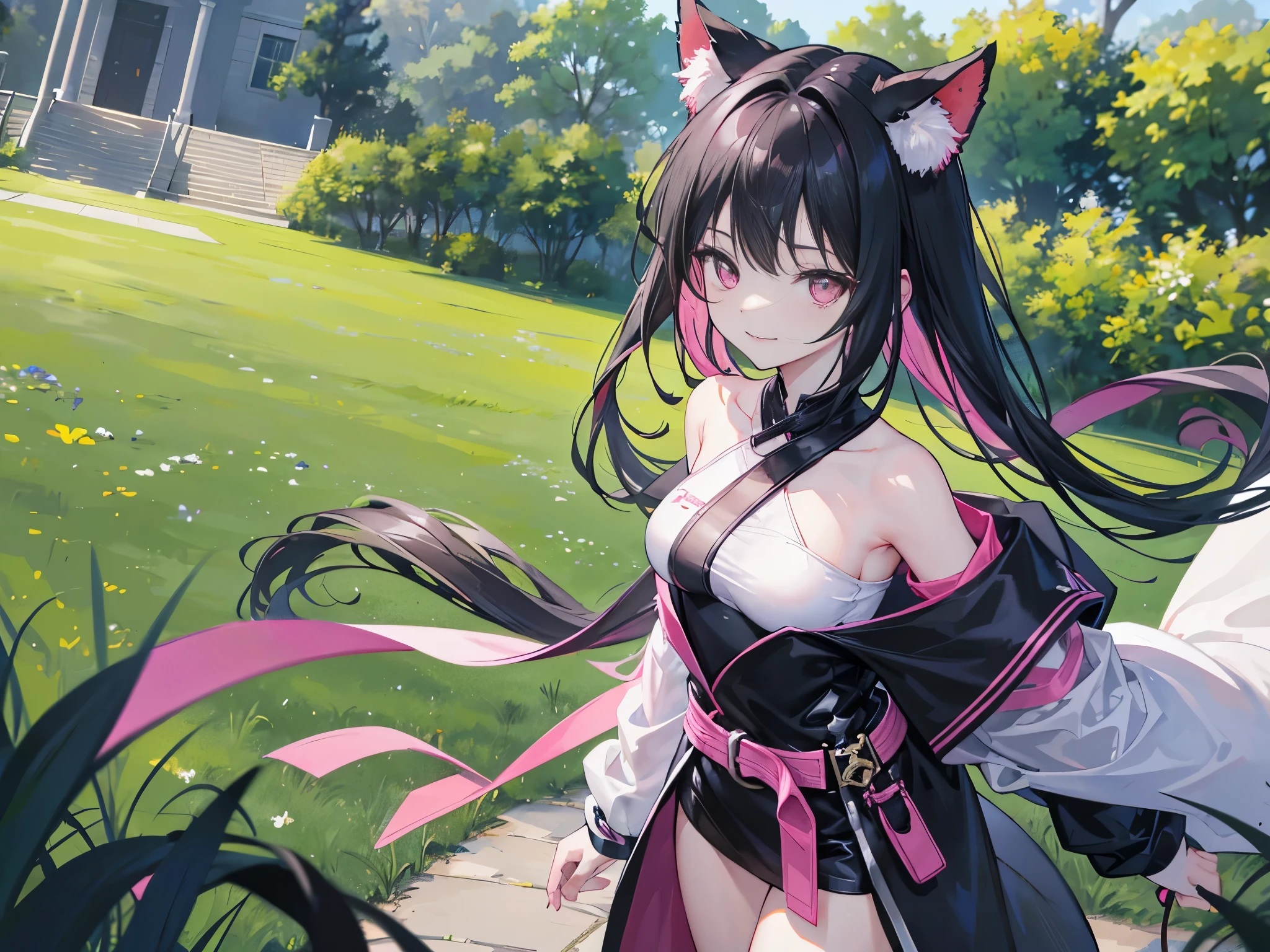 Dark black hair、Pink Eyes、4K photo of 18 year old girl with tony tail。 Wearing a black belt、Wearing out-of-this-world costumes、Standing in the middle of the grass with happiness and smile。