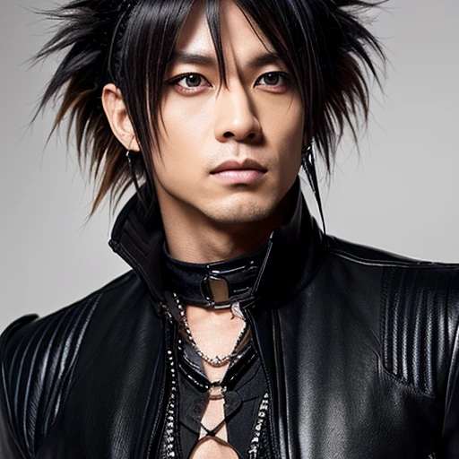 1 japanese male rocker, asien eyes, Visual Kai hairstyle, ultra detailed face and body, hyperrealistic, realistic representation, muscular, broad shoulders, tattoos gothic style, piercings, Visual Kei style, hairstyle Visual Kei, blond, 40 years old, age 40 outfit gothic streampunk, men's shirt and black pants, Asian eyes, eyes Asian, long hair, long hair