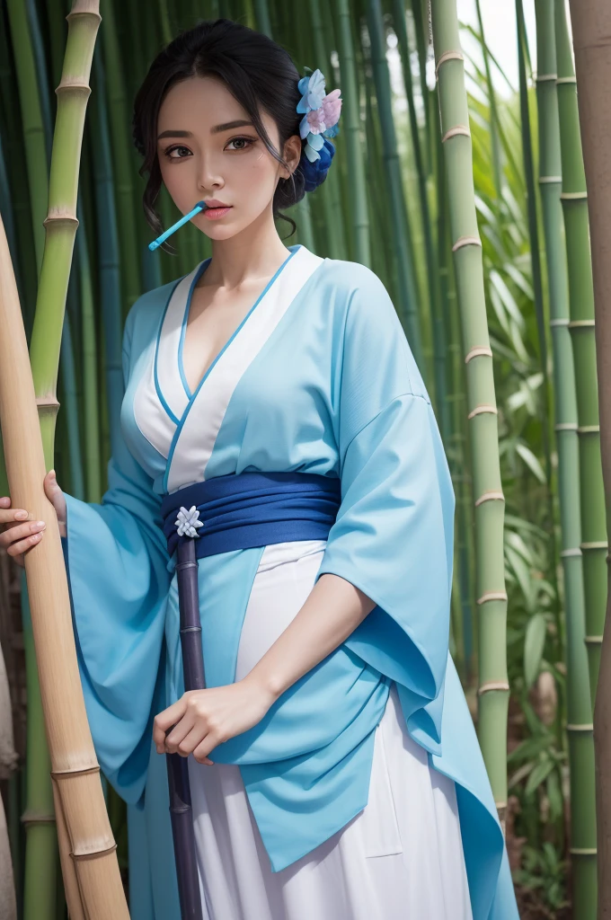 A Colette de Brawl Stars, with a Blue Kimono with pastel blue tones and with a Bamboo in the mouth.