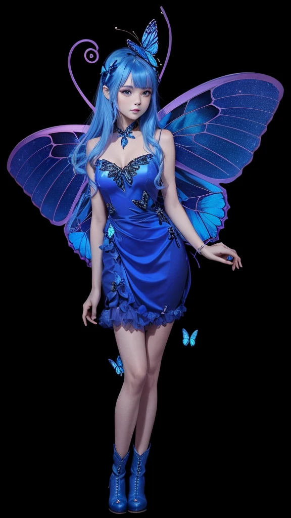 A beautiful full body slim fairy, blue butterfly wings, hair blue, blue dress, blue boot.