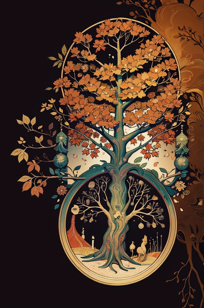 circular tree,four seasons,spring,summer,autumn,winter,leaves,roots,branches,trunk,ornate border,decorative,digital illustration,artwork,movement,time,swirling background,dark background,vibrant colors,natural,life cycle,growth,change,nature,life,peace,harmony,spirituality,symbolism,digital art,illustration,painting,graphic design,art,design,digital media,online art,visual art,fine art,fantasy