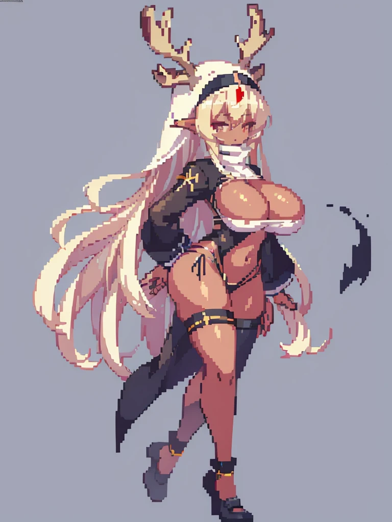 long hair, blonde hair, (dark skinned female), (nun), big breasts, Big ass, Deer antlers, venus body, milf, gigantic breasts, sagging breasts, simple background,