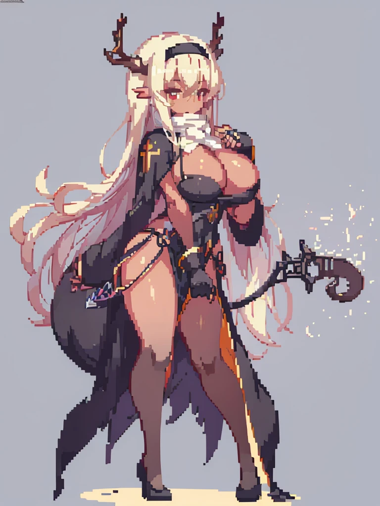 long hair, blonde hair, (dark skinned female), (nun), big breasts, Big ass, Deer antlers, venus body, milf, gigantic breasts, sagging breasts, simple background,