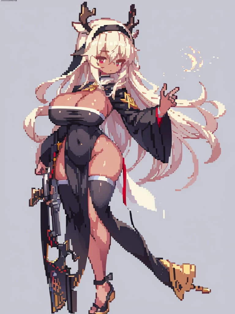 long hair, blonde hair, (dark skinned female), (nun), big breasts, Big ass, Deer antlers, venus body, milf, gigantic breasts, sagging breasts, simple background,