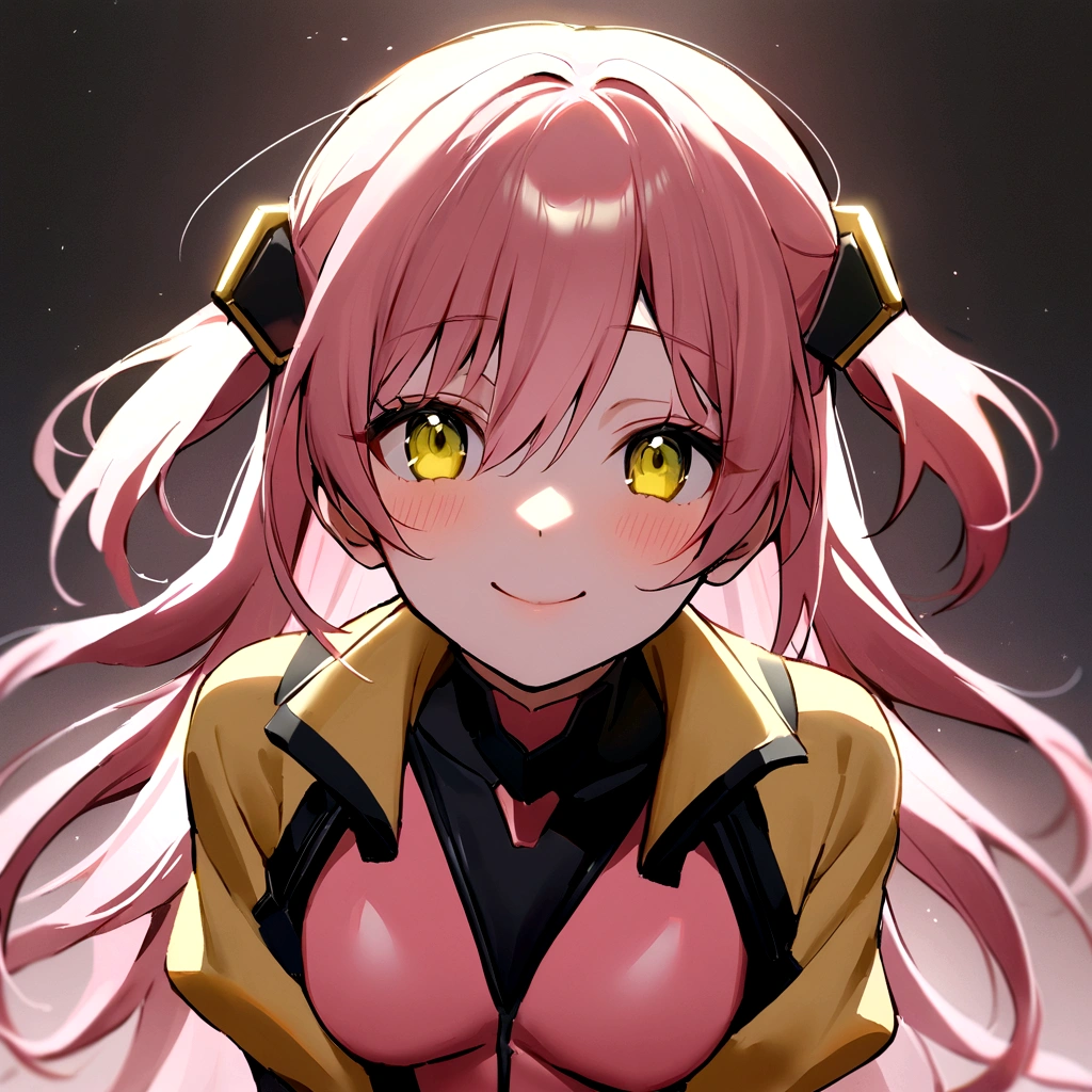 make me a female, 23 years old, pink long hair, pigtails, one green and one yellow eye, she's smiling happily, cyber clothes, pink and yellow outfit