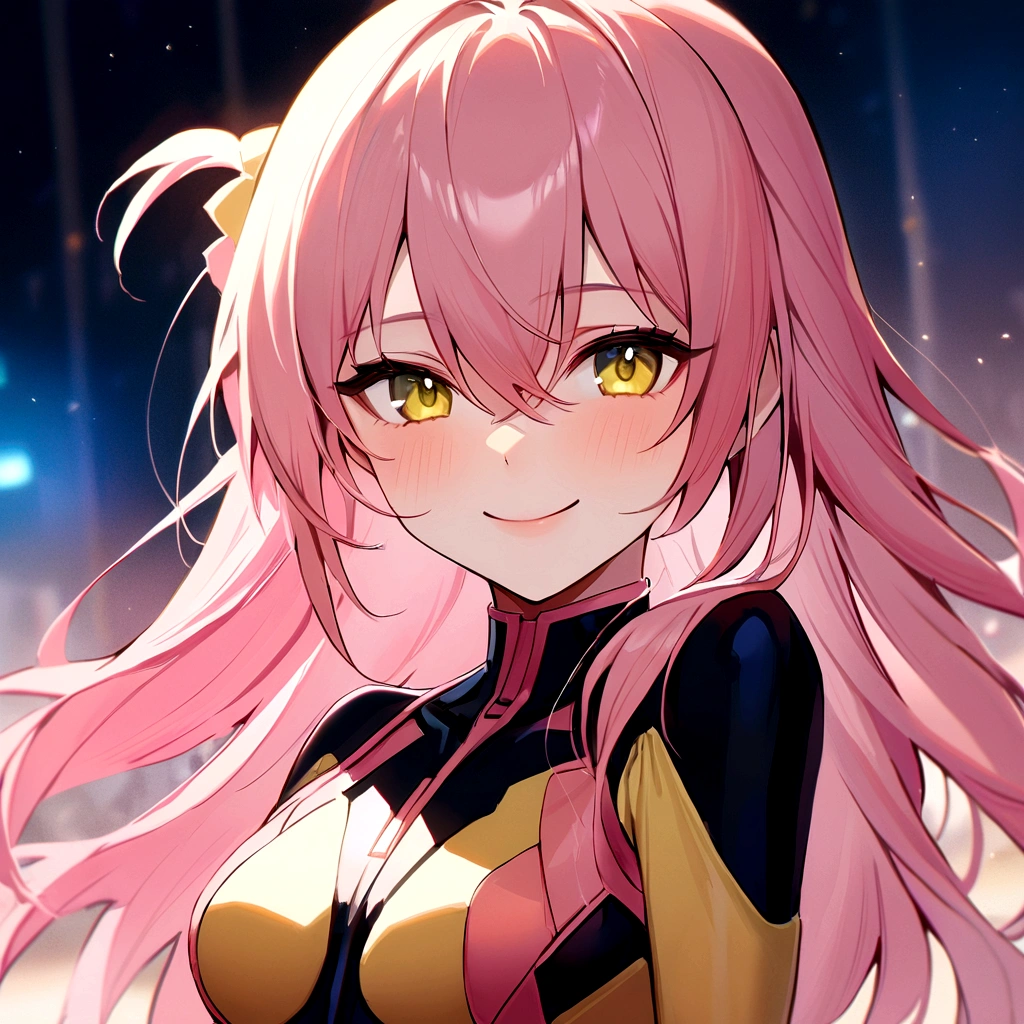 make me a female, 23 years old, pink long hair, pigtails, one green and one yellow eye, she's smiling happily, cyber clothes, pink and yellow outfit