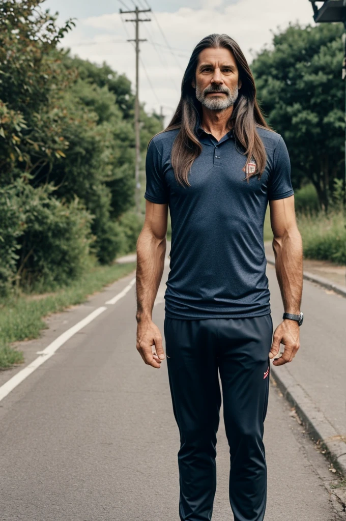 Man with very long hair, athletic full body about 45 years old