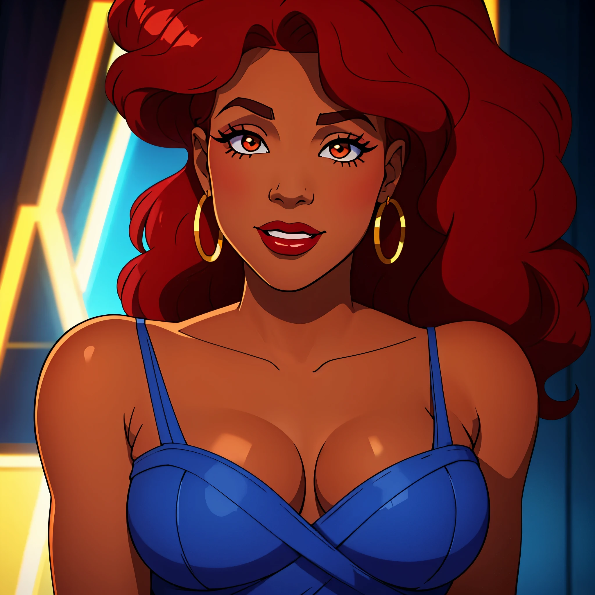 Create a close-up face portrait of a fictional 1970s African-American female R&B superstar named Ruby Roux. She has vibrant red curly hair, expressive brown eyes, and a radiant smile. Ruby wears bold makeup typical of the 1970s, including dramatic eyeliner and red lipstick. She is adorned with large hoop earrings and a glittery outfit that reflects the flashy style of the era. The background should feature a blurred colorful stage with vintage lights, adding to the retro and glamorous atmosphere. cinematic action, cinematic lighting, backlighting, masterpiece, anatomically correct, textured skin, super detail, 8k atmospheric perspective, depth of field,