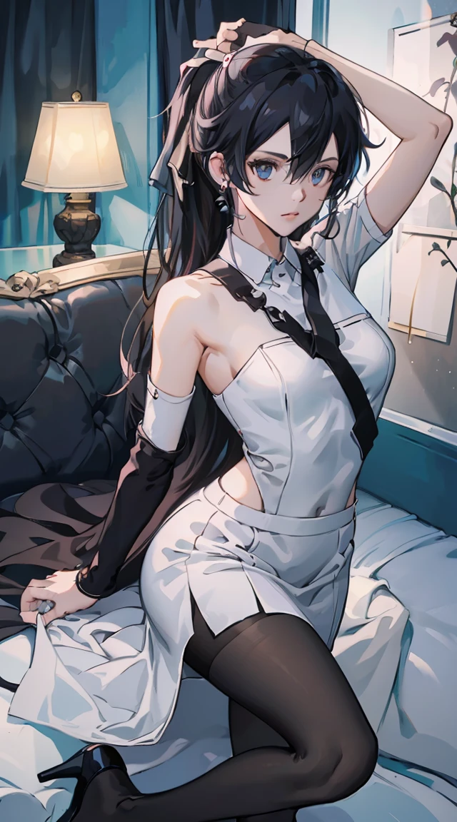 1 girl! Ray Tracing, Best shadow, high resolution (Dim Lights) Detailed background (living room) Black Hair, Busty girl, high ponytail in the ominous living room avoiding golden eyes (girl in white shirt, Black hip skirt, With black transparent pantyhose), Show your slim figure and beautiful curves, Location is correct，Physical Reasonability! Put your hands behind your head, Stand solemnly, Facial details! Exquisite facial features, Pay attention to the details of the leg position! Pay attention to the details of the hands! high quality! More eligible! Reduce Errors! More beautiful paintings, Ultra-fine CG, And the picture is more reasonable! Pay attention to finger details! 8k wallpaper, masterpiece, Eye details! Reduce binocular disparity! Number of fingers!，Female Kirito，Occupation OL，Red high heels